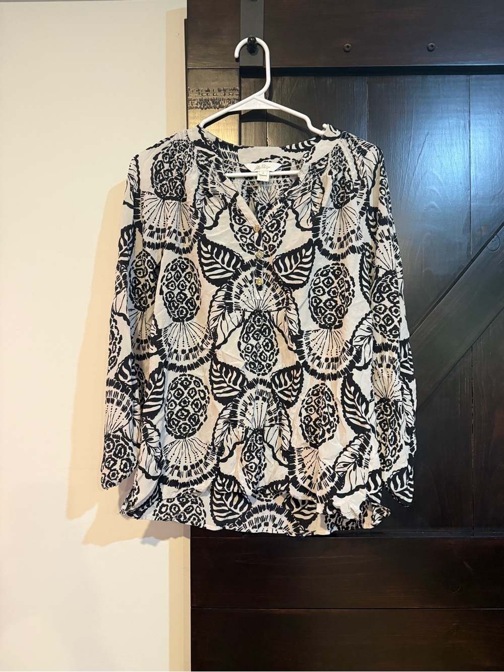 Lilly Pulitzer Black & White Botanical Print V-Neck Blouse